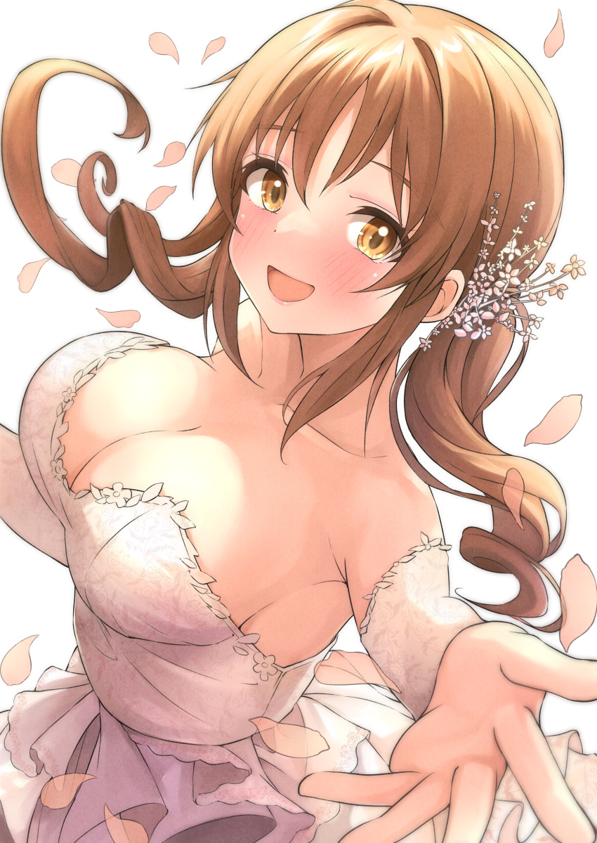 1girl absurdres armpits b1ack_illust bare_shoulders blush breasts brown_hair cleavage collarbone commentary_request commission dress falling_petals foreshortening highres idolmaster idolmaster_cinderella_girls large_breasts looking_at_viewer petals pixiv_commission reaching reaching_towards_viewer smile solo totoki_airi twintails white_dress