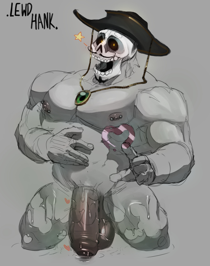 &lt;3 absurd_res anthro balls barazoku beard big_balls big_penis bone clothing cowboy cowboy_hat dark_balls dark_nipples dark_penis dark_penis_tip darkened_genitalia demonic_eyes facial_hair flaccid foreskin genital_piercing genitals gold_(metal) gold_jewelry green_gem half-erect hat headgear headwear hi_res jewelry lewdhank looking_at_viewer male male/male muscular mustache nipple_piercing nipples partially_submerged penis penis_piercing piercing skull skull_head solo standing_in_water wet wet_body yellow_eyes