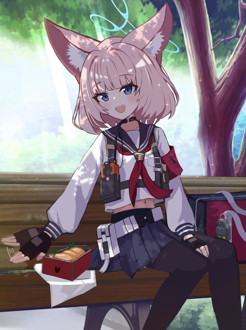 1girl absurdres animal_ear_fluff animal_ears armband bag belt bento black_gloves black_pantyhose blue_archive blue_eyes blue_sailor_collar blue_skirt chest_harness fingerless_gloves fox_ears gloves halo harness highres long_sleeves looking_at_viewer midriff navel neckerchief niko_(blue_archive) outdoors pantyhose pink_hair pleated_skirt puffy_long_sleeves puffy_sleeves red_armband red_neckerchief sailor_collar school_uniform serafuku shirt short_hair sitting_on_bench skirt solo thomason366 throat_microphone tree utility_belt walkie-talkie white_halo white_shirt
