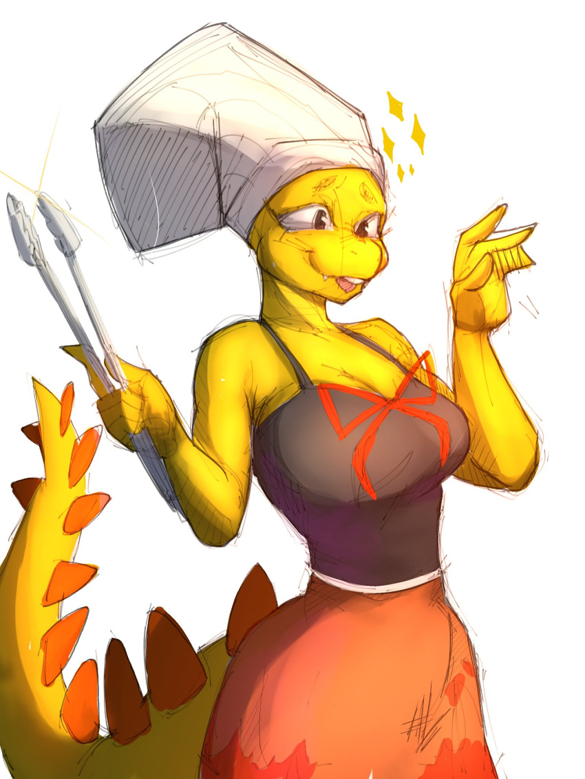 5_fingers anthro blep bottomwear bow_ribbon breasts chef_hat cleavage clothed clothing colored cooking_with_tracy daddyvap dinosaur female fingers hat headgear headwear hi_res holding_object holding_tongs holding_tool long_tail reptile scales scalie shirt simple_background skirt smile snout solo sparkles spiked_tail spikes spikes_(anatomy) tail tank_top teeth tendocake tongs tongue tongue_out tools topwear tracy_(cwt) white_background yellow_body yellow_scales