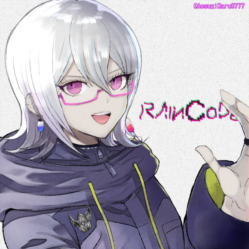 1other :d aosugi_maru blue_coat coat commentary_request copyright_name earrings glasses hair_between_eyes halara_nightmare hand_up highres hood hood_down hooded_coat jewelry long_sleeves looking_at_viewer master_detective_archives:_rain_code open_mouth other_focus pink-framed_eyewear pink_eyes semi-rimless_eyewear short_hair smile solo twitter_username upper_body white_background white_hair