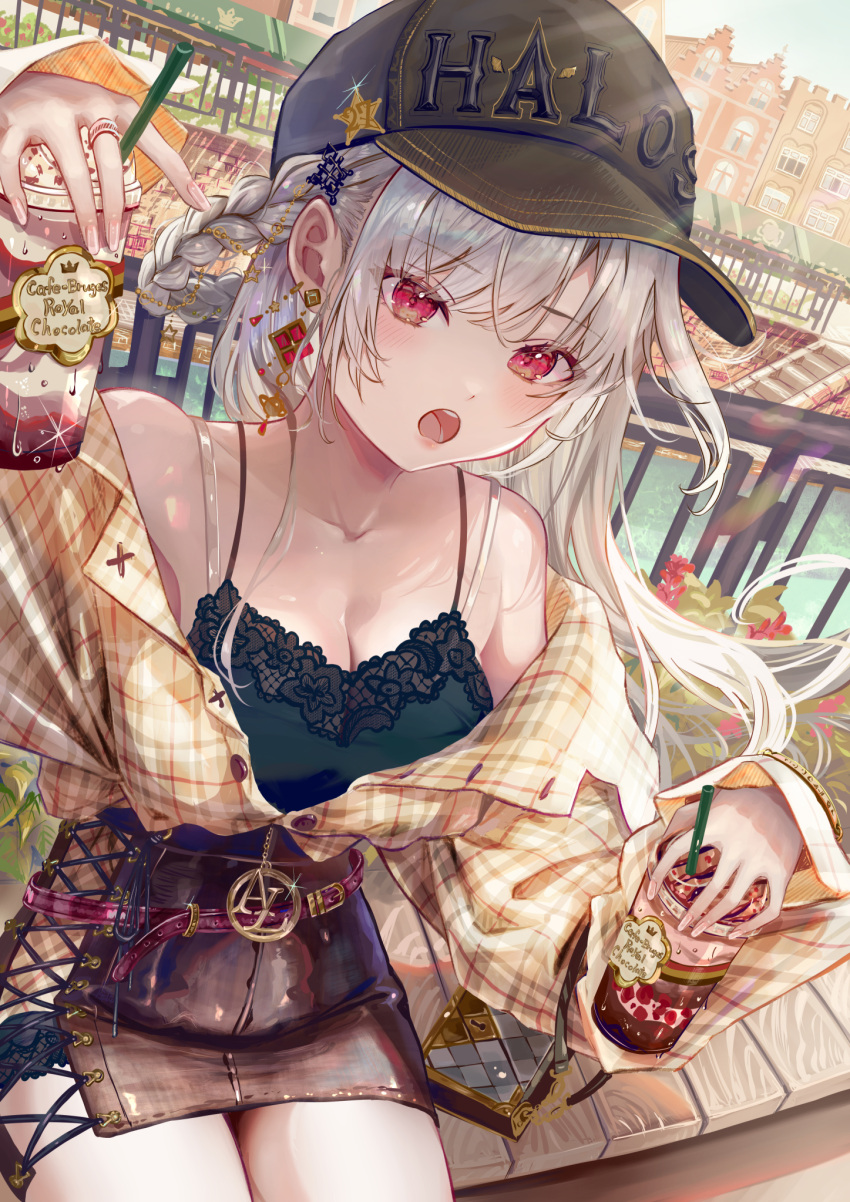 1girl bare_shoulders baseball_cap belt black_shirt black_skirt blush bra_strap breasts cleavage commentary_request cup earrings food grey_hair hat highres holding holding_cup holding_food ito_lab jewelry long_sleeves looking_at_viewer medium_breasts multiple_rings off_shoulder open_clothes open_mouth original outdoors pleated_shirt red_eyes ring shirt sitting skirt solo