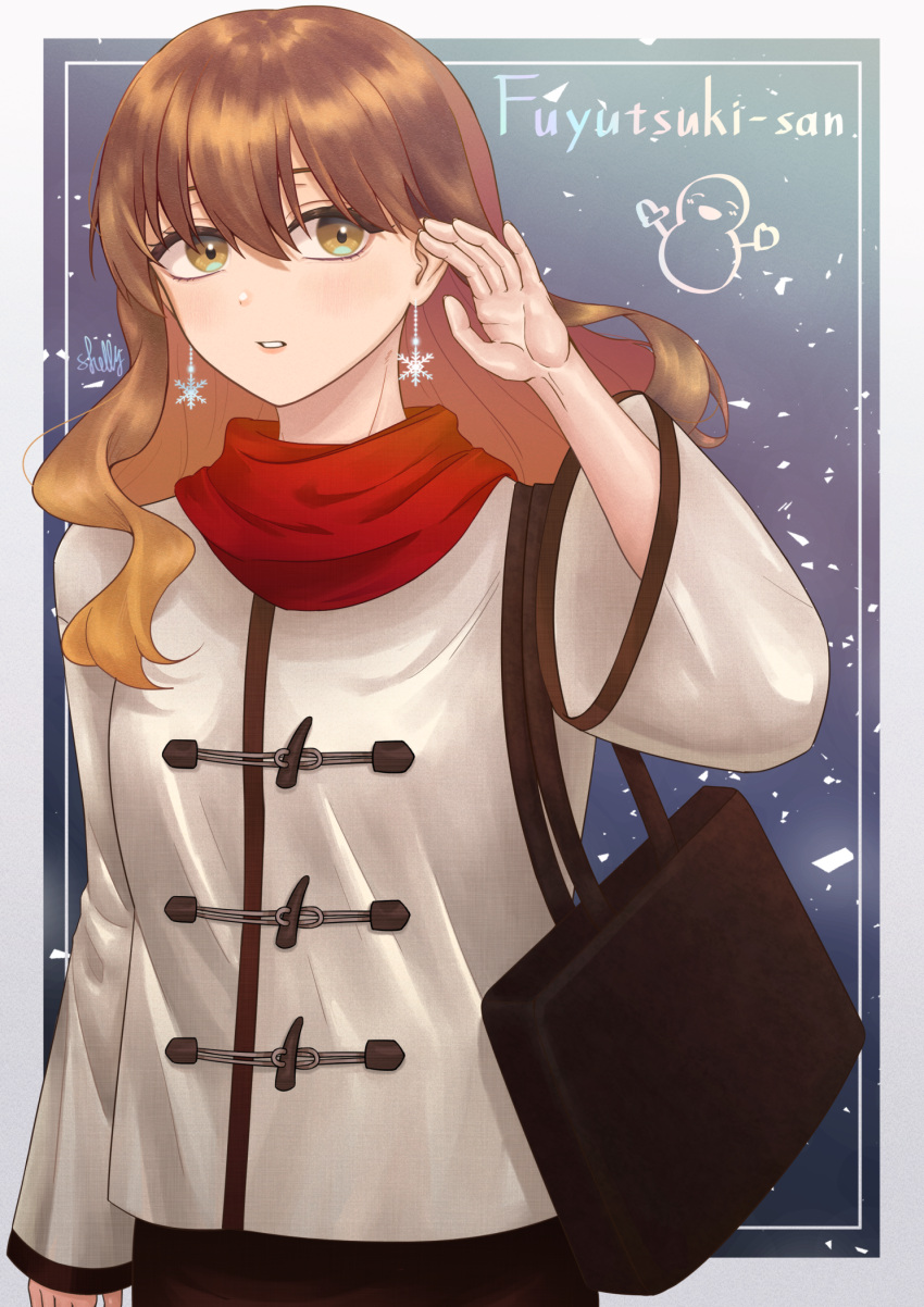 1girl artist_name bag brown_hair character_name coat commentary earrings fuyutsuki_(koori_zokusei_danshi) hair_between_eyes hand_up handbag highres jewelry koori_zokusei_danshi_to_cool_na_douryou_joshi long_hair red_scarf scarf shelly_(yayoo_27) snow snowflake_earrings snowman solo standing symbol-only_commentary wide_sleeves