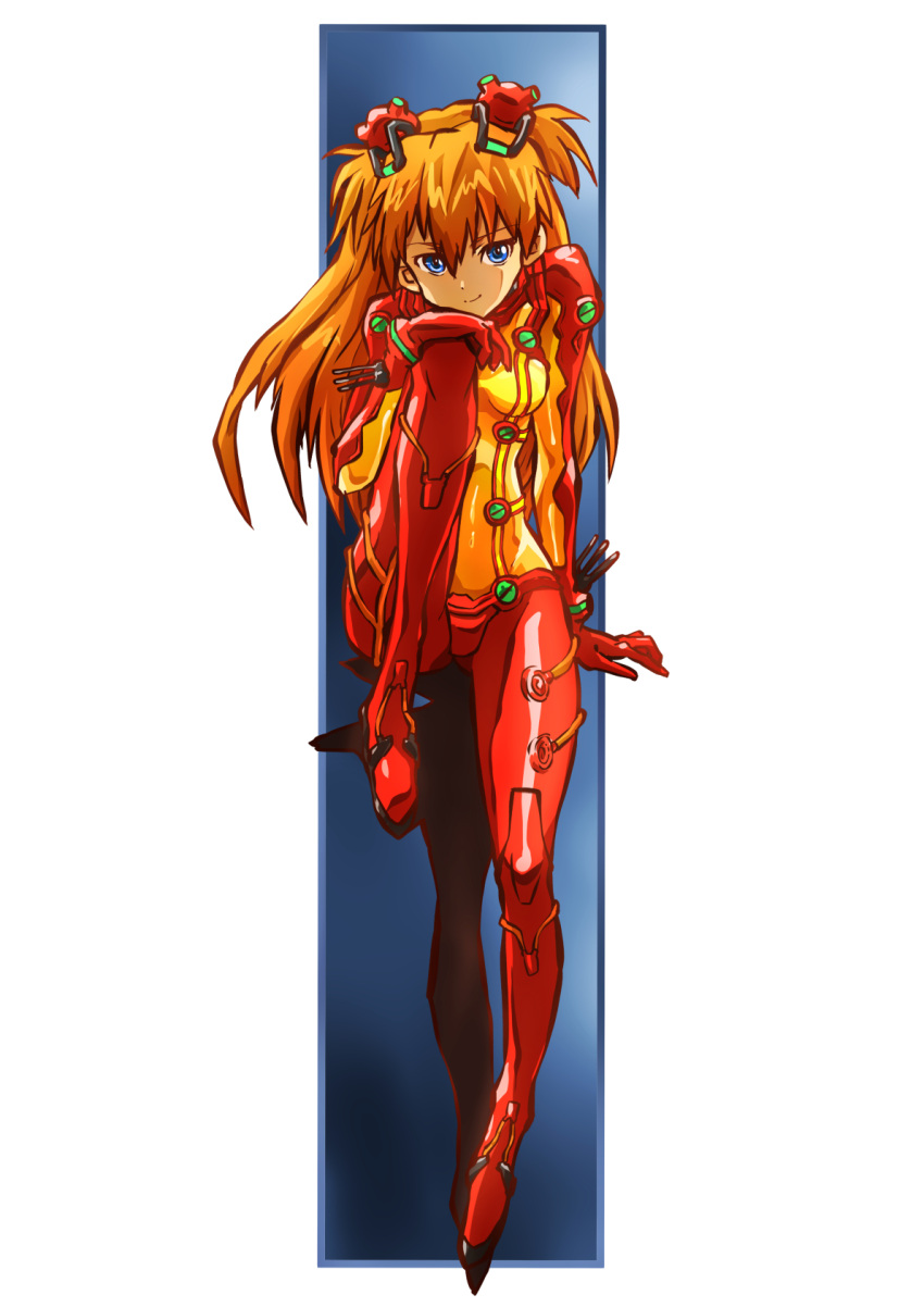 1girl blue_eyes bodysuit breasts hair_between_eyes hairpods highres interface_headset long_hair looking_at_viewer multicolored_bodysuit multicolored_clothes neon_genesis_evangelion orange_bodysuit orange_hair pilot_suit plugsuit red_bodysuit skin_tight small_breasts solo souryuu_asuka_langley taiga_hiroyuki test_plugsuit two-tone_bodysuit two_side_up