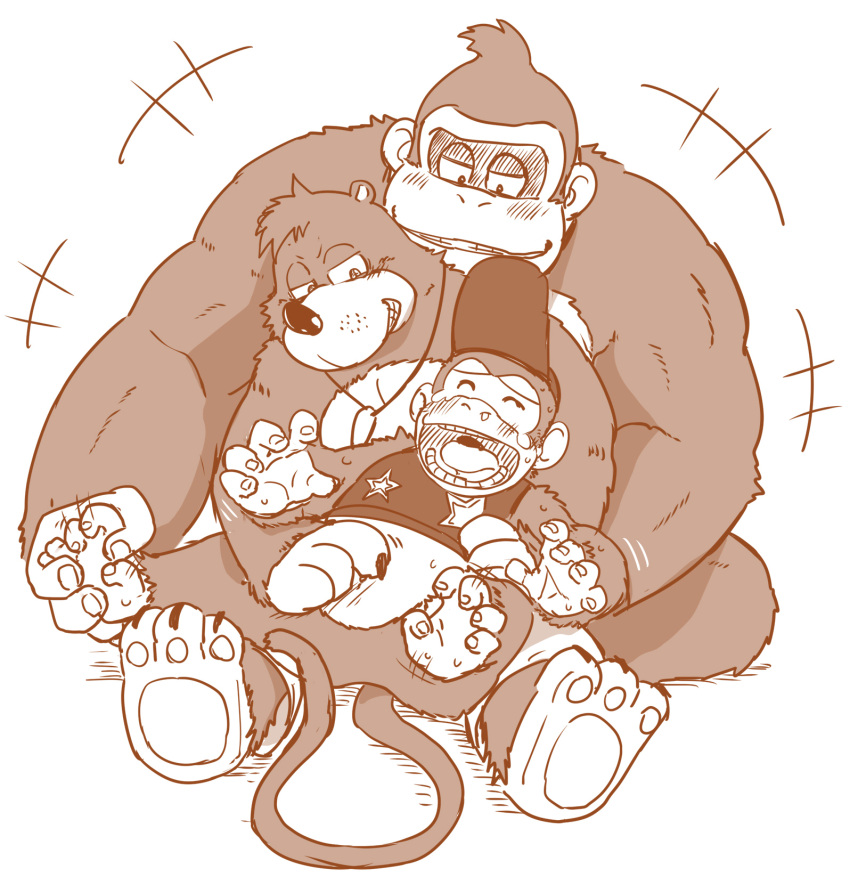 anthro ape banjo-kazooie banjo_(banjo-kazooie) bear blush bodily_fluids chimpanzee clothing crossover crying_laughing diddy_kong donkey_kong_(character) donkey_kong_(series) embrace gorilla grin group haplorhine hat headgear headwear hi_res hug hugging_from_behind jewelry laugh male male/male mammal moku_nameko necklace nintendo pan_(genus) primate rareware size_difference smile tears tickling trio