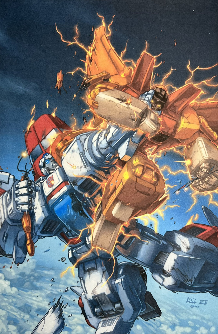 autobot blue_eyes clenched_hands clenched_teeth comic_cover cover_image damaged decepticon don_allan_figueroa fighting glowing glowing_eye glowing_eyes highres jetfire mecha no_humans official_art orange_eyes robot sky space starscream teeth transformers