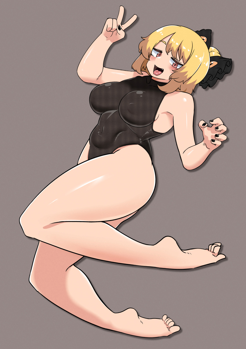 1girl absurdres alternate_costume barefoot black_bow black_leotard black_nails blonde_hair blush bow breasts brown_eyes commentary covered_navel fang fingernails full_body grey_background hair_bow hair_bun highres kurodani_yamame large_breasts leotard looking_at_viewer medium_bangs medium_hair open_mouth rinyamame shadow shiny_skin simple_background single_hair_bun smile solo toes tongue tongue_out touhou v