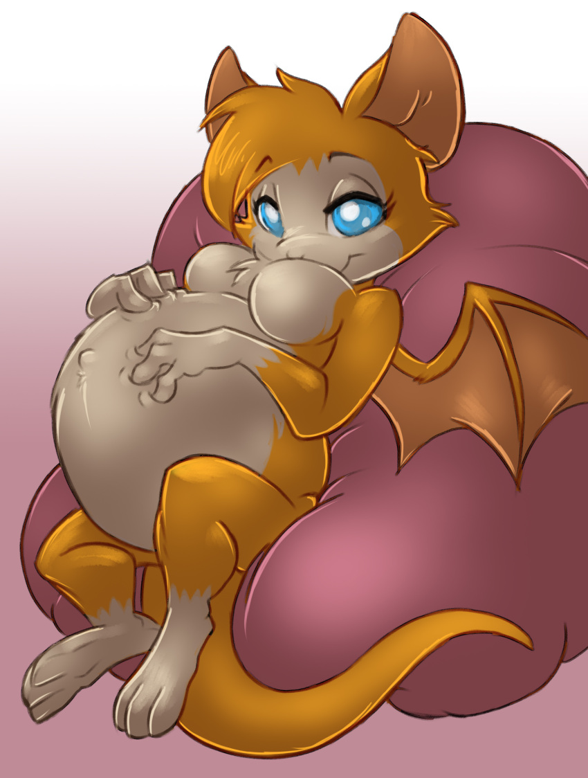 2017 absurd_res anthro bat bean_bag belly big_belly blue_eyes breasts cheek_tuft chest_tuft dust:_an_elysian_tail facial_tuft fan_character featureless_breasts female gloves_(marking) gradient_background hair hi_res holding_belly krystalvix_(artist) leg_markings looking_at_viewer mammal markings membrane_(anatomy) membranous_wings navel nimbat nude on_bean_bag orange_hair outie_navel plantigrade pregnant reclining simple_background sitting smile socks_(marking) solo tuft windchaser wings