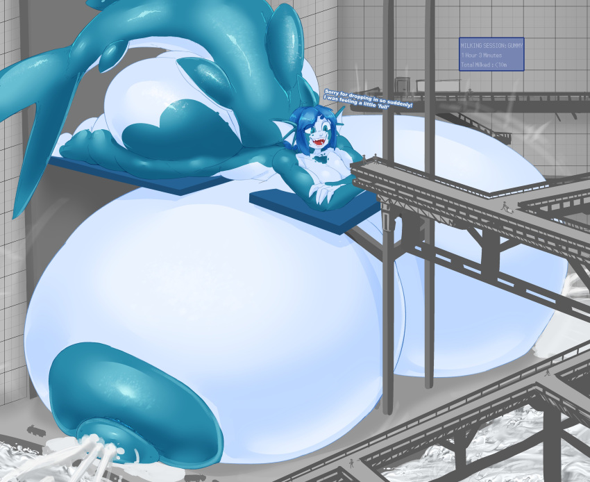 absurd_res anthro areola beepunz big_breasts big_butt big_tail blue_body blue_eyes blue_hair bodily_fluids breasts butt dialogue female fish group gummy_(beepunz) hair hi_res huge_breasts huge_butt human hyper hyper_breasts hyper_butt lactating macro male mammal marine milk nipples open_mouth shark sharp_teeth smile tail teeth text