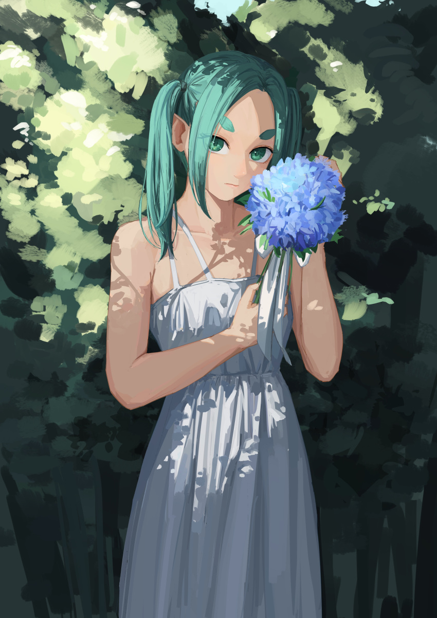 1girl absurdres aqua_hair bare_arms bare_shoulders blue_flower bouquet breasts closed_mouth collarbone cowboy_shot day dress expressionless flower foliage green_eyes highres hikimayu holding holding_bouquet holding_flower long_hair looking_at_viewer monogatari_(series) nemo_ringo ononoki_yotsugi outdoors parted_bangs short_eyebrows sidelocks sleeveless sleeveless_dress small_breasts solo standing sundress thick_eyebrows white_dress