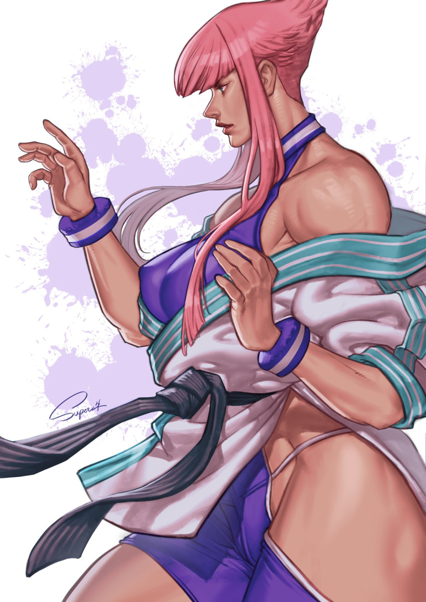 1girl blue_eyes breasts dougi fighting_stance from_side highres hip_vent manon_legrand martial_arts_belt muscular muscular_female off_shoulder panty_straps short_hair_with_long_locks sidelocks skin_tight solo spandex street_fighter street_fighter_6 superbull toned wristband