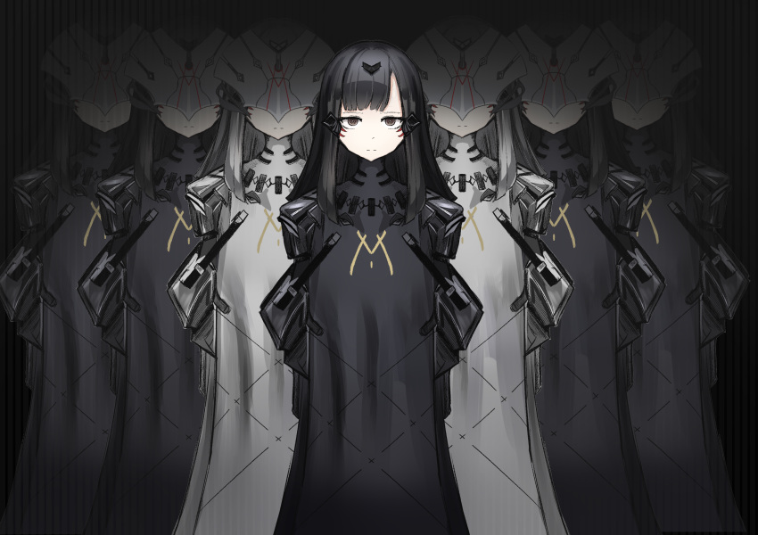 6+girls android black_dress dark_background dress expressionless girls'_frontline highres looking_at_viewer mask mechanical_arms mizuhashi_parusui multiple_girls nyto_(generic)_(girls'_frontline) nyto_(girls'_frontline) paradeus white_dress