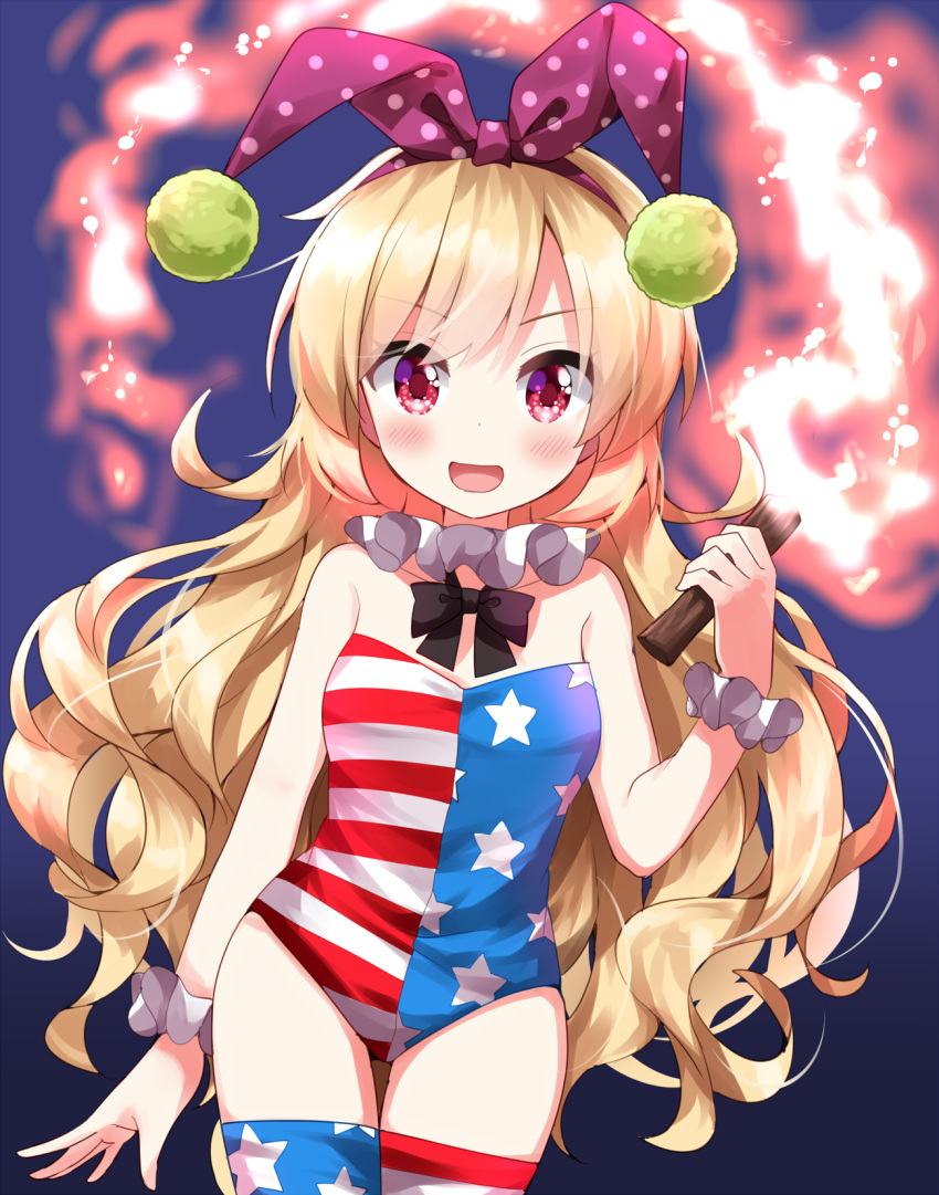 1girl american_flag_legwear animal_ears blonde_hair blush clownpiece collarbone cowboy_shot fake_animal_ears highres holding holding_torch leotard long_hair looking_at_viewer open_mouth pom_pom_(clothes) rabbit_ears red_eyes ruu_(tksymkw) smile solo star_(symbol) star_print strapless strapless_leotard striped striped_leotard striped_thighhighs thighhighs torch touhou wrist_cuffs