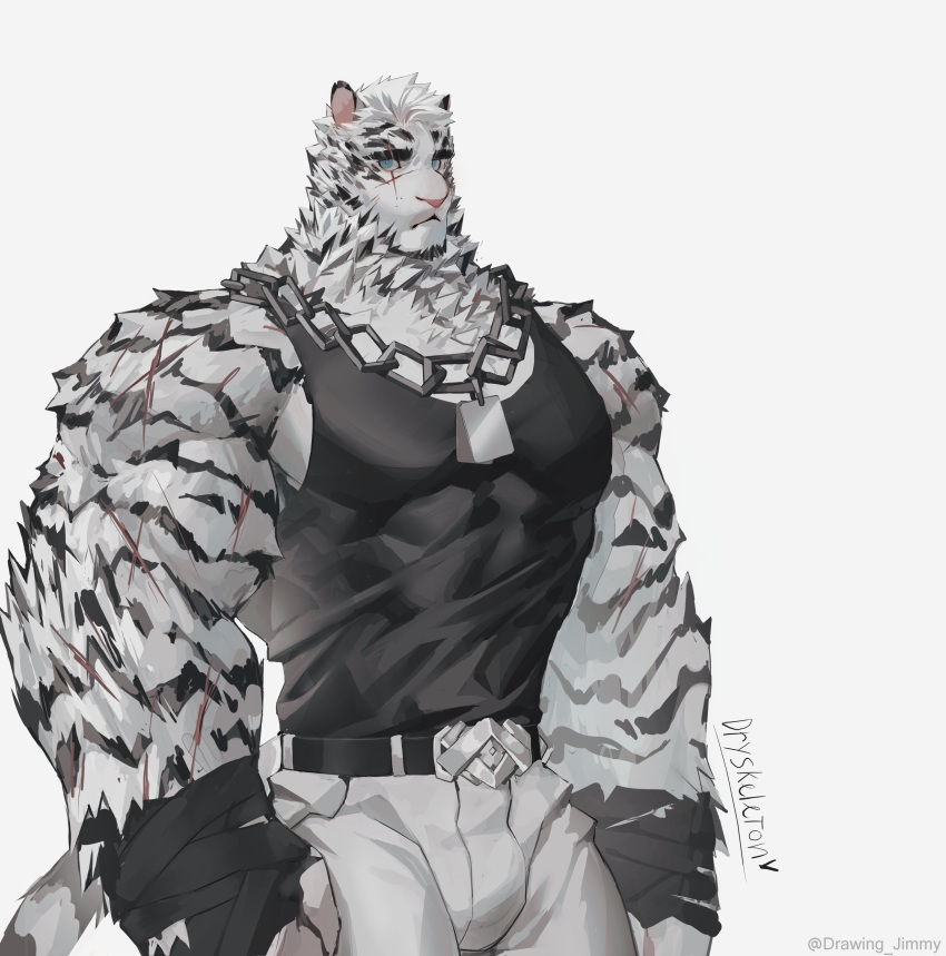 1boy abs absurdres animal_ears arknights bandaged_hand bandages bara belt black_belt black_tank_top bulge chain_necklace cowboy_shot dryskeleton_(drawing_jimmy) facial_hair furry furry_male goatee highres jewelry large_hands large_pectorals looking_at_viewer male_focus mountain_(arknights) muscular muscular_male necklace nipples pants pectorals scar scar_across_eye scar_on_arm short_hair sidepec solo stomach tank_top thick_arms thick_eyebrows tiger_boy tiger_ears white_hair white_pants