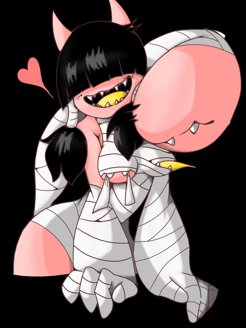 &lt;3 anthro bandage black_background black_hair breasts domestic_cat felid feline felis female freckles hair hair_over_eyes heketa_(diives) hi_res m1m1cal mammal nipple_mouth open_mouth open_smile sharp_teeth simple_background smile solo tail tail_mouth teeth tongue tongue_out unusual_anatomy unusual_tail wide_hips xingzuo_temple yellow_tongue