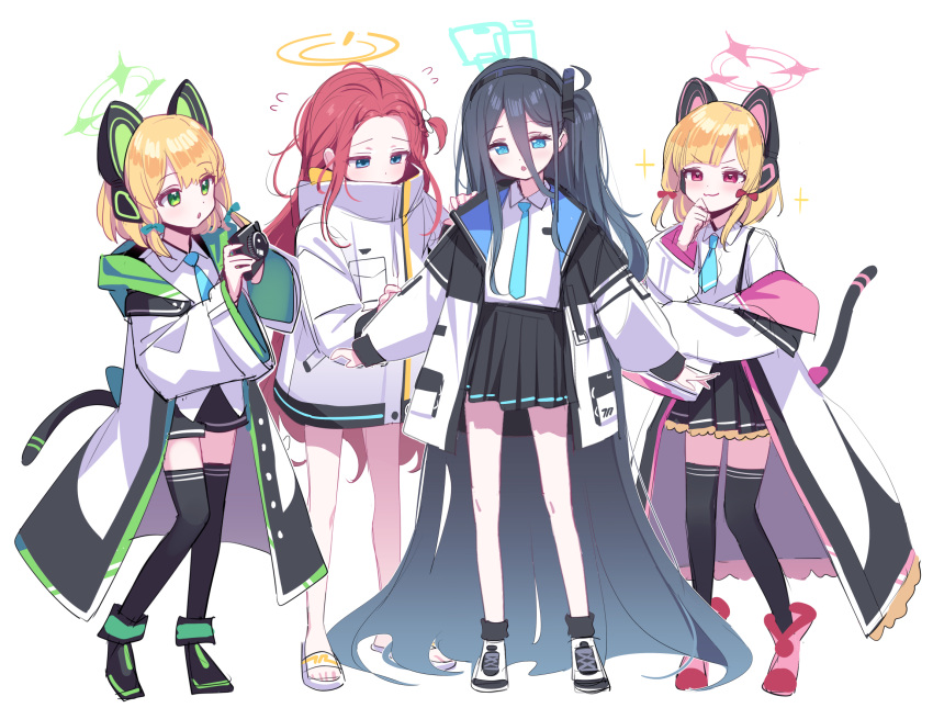 4girls animal_ear_headphones animal_ears aris_(blue_archive) black_hair black_shorts black_skirt black_thighhighs blonde_hair blue_archive blue_bow blue_eyes blue_necktie blush boots bow camera collared_shirt deadnooodles fake_animal_ears flying_sweatdrops forehead green_eyes hair_bow halo headphones highres holding holding_camera hood hood_down hooded_jacket jacket long_hair long_sleeves midori_(blue_archive) momoi_(blue_archive) multiple_girls necktie off_shoulder open_clothes open_jacket pink_footwear pleated_skirt power_symbol puffy_long_sleeves puffy_sleeves red_bow red_eyes red_hair sandals shirt short_necktie short_shorts shorts sidelocks skirt sleeves_past_wrists suspender_skirt suspenders thighhighs thighhighs_under_boots v-shaped_eyebrows very_long_hair white_bow white_footwear white_jacket white_shirt yuzu_(blue_archive)