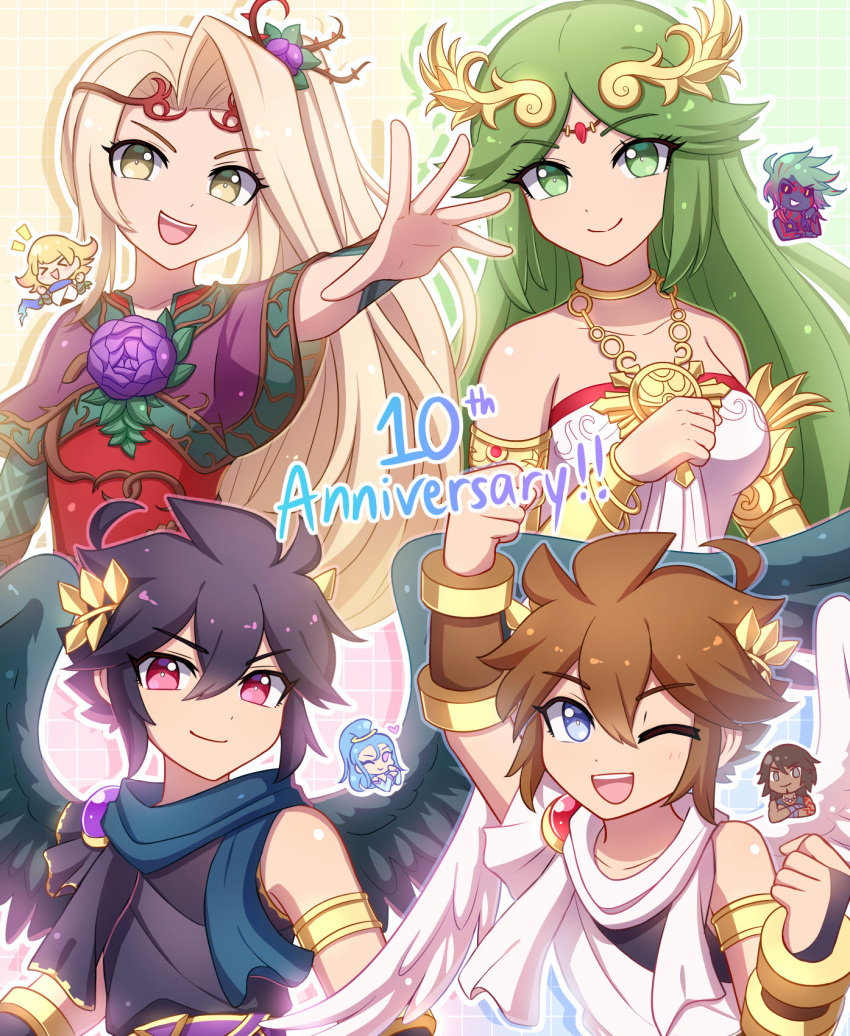 angel angel_wings anniversary bare_shoulders black_hair black_wings blonde_hair blue_eyes brown_hair clenched_hands collarbone dark_pit enni feathered_wings feathers flower forehead_jewel green_eyes hades_(kid_icarus) heart highres inset jewelry kid_icarus kid_icarus_uprising laurel_crown looking_at_viewer multiple_boys multiple_girls one_eye_closed open_mouth outstretched_arm palutena pandora_(kid_icarus) pendant phosphora pit_(kid_icarus) ponytail purple_flower red_eyes siblings smile twins upper_body v-shaped_eyebrows viridi wings