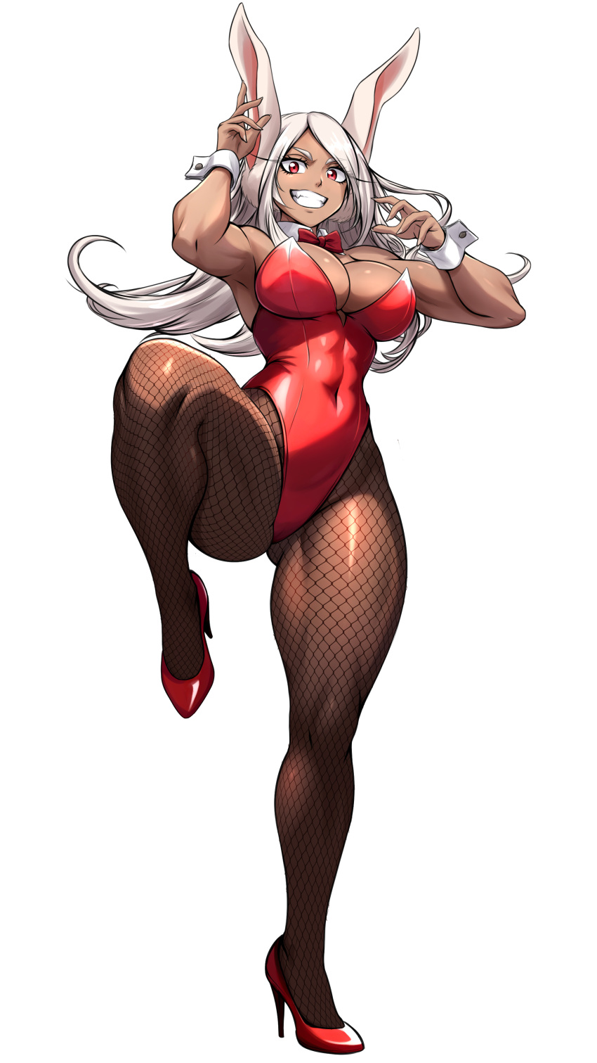 1girl :d absurdres animal_ears armpits ass_visible_through_thighs bare_shoulders boku_no_hero_academia bow bowtie breasts cleavage commission covered_abs covered_navel dark-skinned_female dark_skin english_commentary fingernails fishnet_pantyhose fishnets full_body hands_up high_heels highleg highleg_leotard highres knee_up large_breasts legs leotard long_eyelashes long_hair looking_at_viewer mirko pantyhose parted_bangs playboy_bunny rabbit_ears rabbit_girl red_bow red_bowtie red_eyes red_footwear red_leotard smile solo standing standing_on_one_leg strapless strapless_leotard teeth thick_thighs thighs toned traditional_bowtie very_long_hair white_hair wrist_cuffs zantyarz