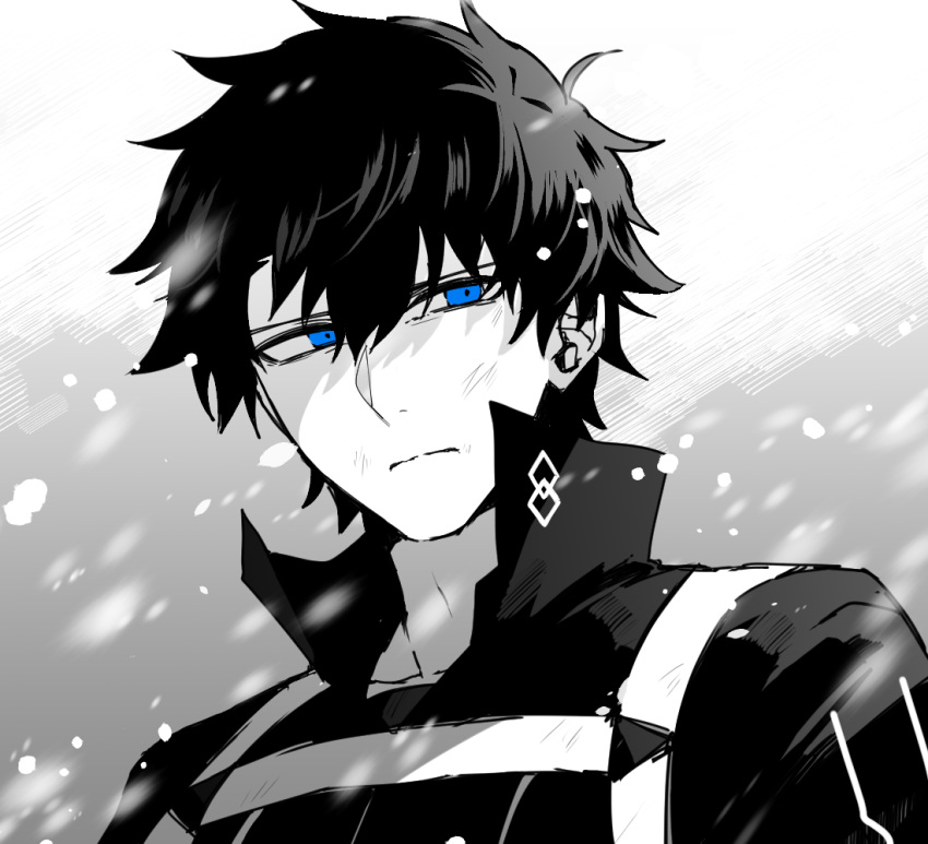 1boy black_hair black_shirt blue_eyes chaldea_uniform closed_mouth collarbone collared_shirt fate/grand_order fate_(series) frown fujimaru_ritsuka_(male) hair_between_eyes limited_palette looking_to_the_side male_focus medium_bangs monochrome_background sad shirt snow solo wasa_(wanosabi)