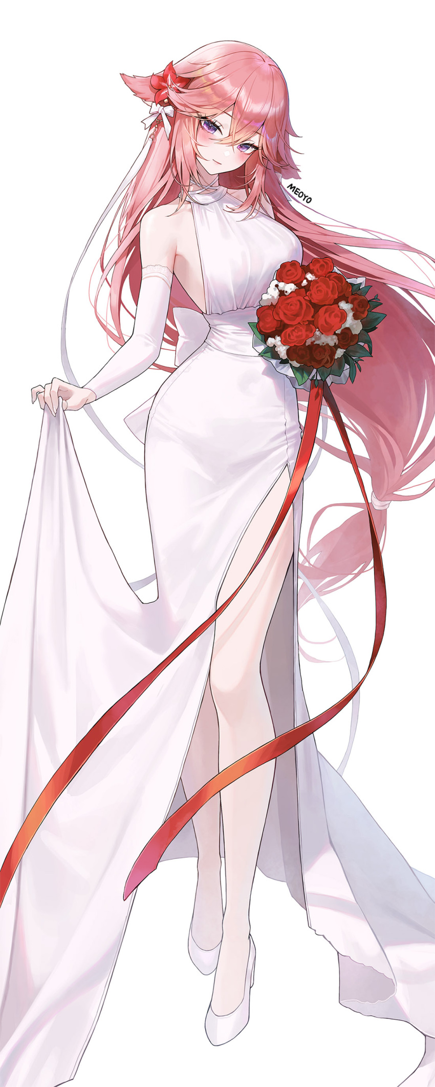 1girl absurdres animal_ears artist_name bare_shoulders blush bouquet bow breasts clothes_lift crossed_bangs detached_sleeves dress dress_lift flower fox_ears full_body genshin_impact hair_bow hair_flower hair_ornament high_heels highres holding holding_bouquet large_breasts long_hair looking_at_viewer low-tied_long_hair meoyo pink_hair purple_eyes red_flower shoes side_slit simple_background sleeveless sleeveless_dress smile solo standing very_long_hair white_background white_bow white_dress white_footwear yae_miko