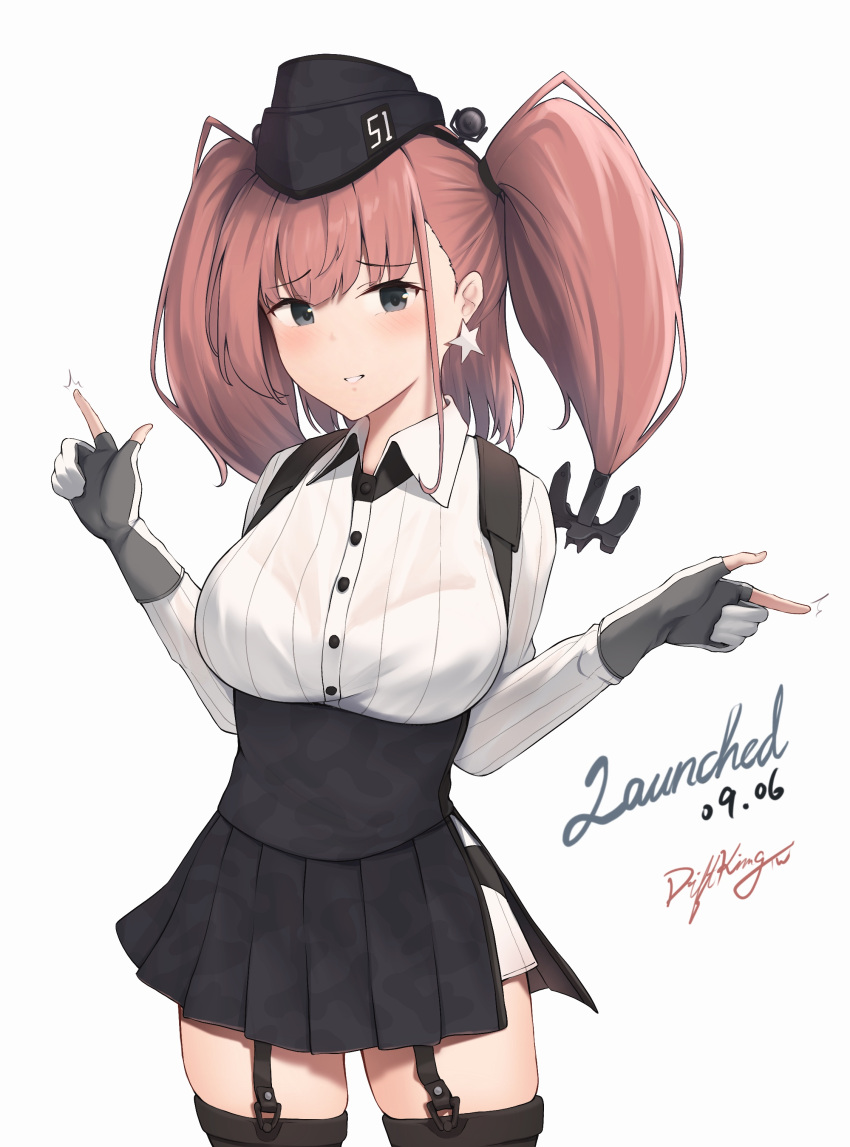 1girl absurdres artist_name atlanta_(kancolle) black_headwear black_skirt blush brown_hair buttons collared_shirt cowboy_shot dated driftkingtw earrings garrison_cap gloves grey_eyes hat high-waist_skirt highres jewelry kantai_collection long_hair long_sleeves open_mouth partially_fingerless_gloves pleated_skirt shirt signature skirt solo star_(symbol) star_earrings suspender_skirt suspenders two_side_up white_shirt