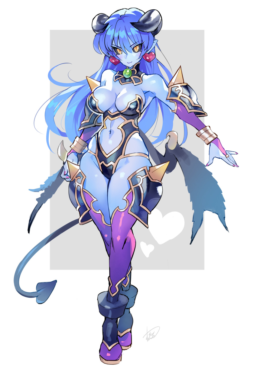 1girl armor astaroth_(shinrabanshou) bare_shoulders black_sclera blue_hair blue_skin breasts bridal_gauntlets clothing_cutout colored_sclera colored_skin commentary_request commission earrings elbow_gloves full_body gloves groin heart heart_earrings highres jewelry large_breasts leotard long_hair looking_at_viewer low_wings matsuda_(matsukichi) navel pixiv_commission pointy_ears purple_gloves purple_nails purple_thighhighs shinrabanshou smile solo standing stomach stomach_cutout strapless strapless_leotard thighhighs v-shaped_eyebrows very_long_hair wings yellow_eyes