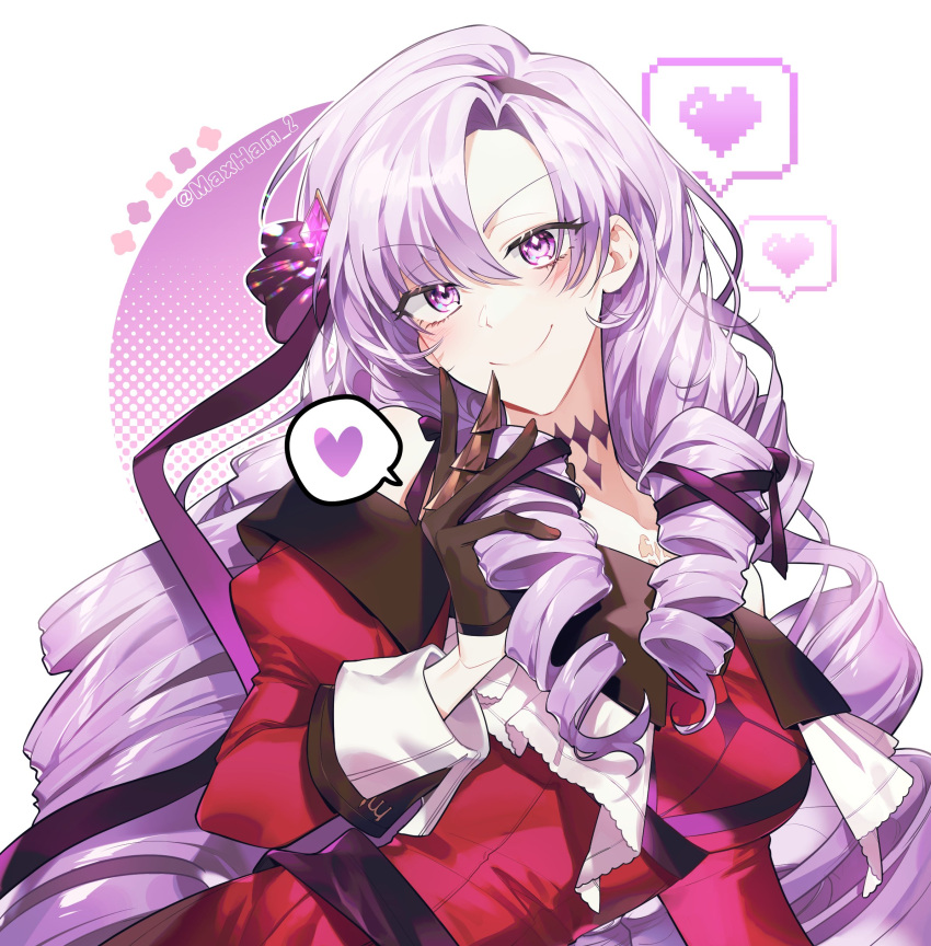 1girl absurdres black_gloves blush bow breasts closed_mouth commentary_request dress drill_hair finger_claws gem gem_hair_ornament gloves hair_between_eyes hair_bow hair_ribbon hairband heart highres hyakumantenbara_salome hyakumantenbara_salome_(1st_costume) juliet_sleeves long_bangs long_hair long_sleeves looking_at_viewer maxham_2 medium_bangs medium_breasts nijisanji parted_bangs puffy_sleeves purple_bow purple_eyes purple_gemstone purple_hair purple_hairband purple_ribbon quad_drills red_dress ribbon smile solo twitter_username upper_body virtual_youtuber white_background