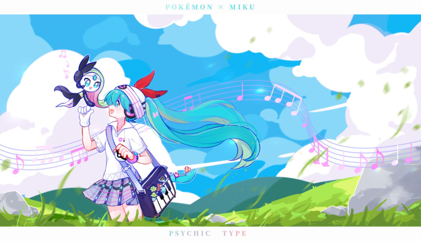 1girl aqua_hair bag bag_charm beanie blue_bag blue_eyes blue_sky bracelet character_name charm_(object) cloud collared_shirt commentary copyright_name day gloves grass green_hair grey_skirt hair_between_eyes hair_ribbon hand_up hat hatsune_miku headphones highres holding holding_poke_ball jewelry long_hair looking_at_another meloetta meloetta_(aria) multicolored_hair musical_note outdoors piano_print plaid plaid_skirt pleated_skirt poke_ball poke_ball_(basic) pokemon pokemon_(creature) polo_shirt project_voltage psychic_miku_(project_voltage) red_ribbon ribbon rinfreschi_0v0 rock shirt short_sleeves shoulder_bag single_glove skirt sky smile standing symbol-only_commentary twintails very_long_hair vocaloid white_gloves white_headwear white_shirt
