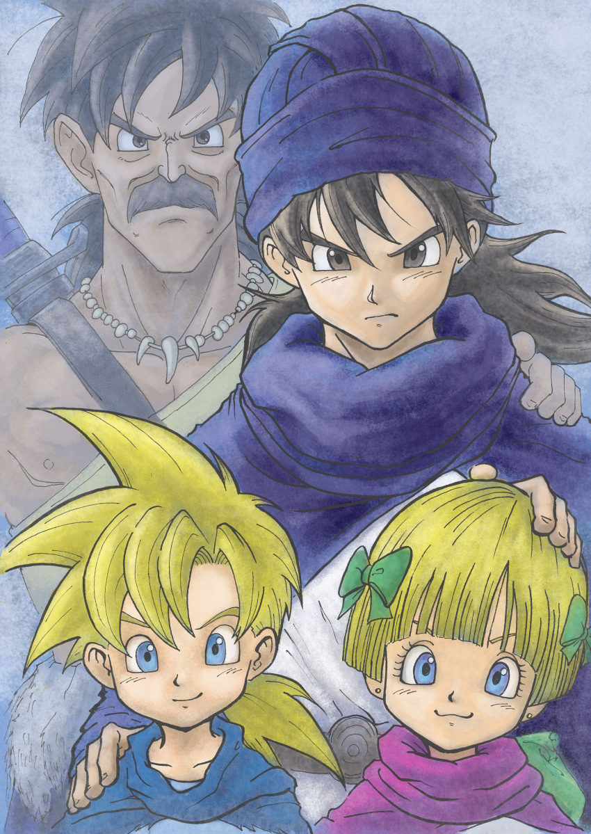 1girl 3boys :3 absurdres asymmetrical_sleeves black_eyes black_hair blonde_hair blue_cloak blue_eyes blunt_bangs bow chabezou cloak closed_mouth collarbone commentary_request dragon_quest dragon_quest_v earrings facial_hair father_and_daughter father_and_son female_child green_bow hair_bow hand_on_another's_head hand_on_another's_shoulder hero's_daughter_(dq5) hero's_son_(dq5) hero_(dq5) highres jewelry long_hair looking_at_viewer low_ponytail male_child multiple_boys mustache necklace papas pink_cloak purple_cloak purple_headwear serious short_hair siblings smile spiked_hair stud_earrings sword tooth_necklace turban twins weapon weapon_on_back
