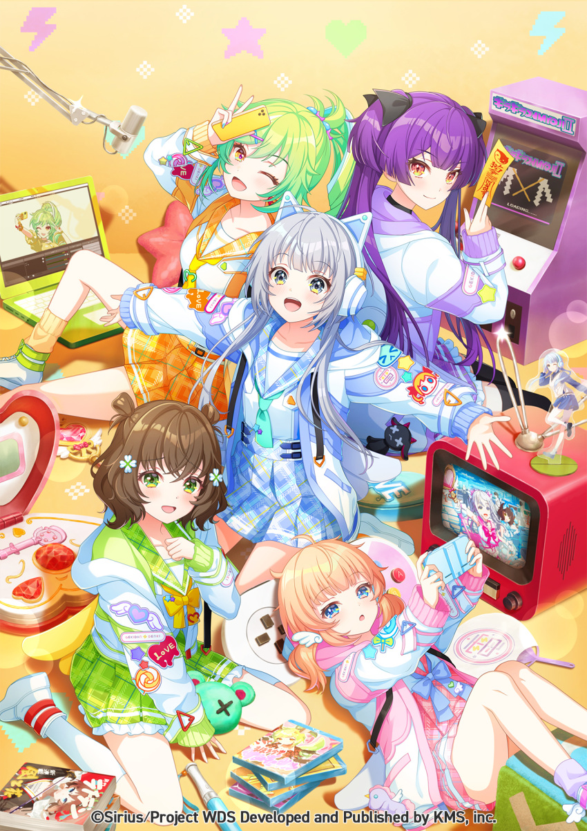 5girls acrylic_stand akiru_kamira animal_ear_headphones animal_ears arcade_cabinet blonde_hair blue_eyes blue_neckerchief blue_skirt bow bowtie brown_hair cat_ear_headphones cellphone computer crt dvd_(object) fake_animal_ears gekidan_denki_(world_dai_star) green_eyes green_hair green_nails green_sailor_collar green_skirt grey_hair headphones highres jacket kanengomi_(wyyf4474) laptop long_hair low_twintails magazine_(object) medium_hair microphone motosu_towa multiple_girls neckerchief nekoashi_tsubomi official_art one_eye_closed open_clothes open_jacket open_mouth phone pink_skirt plaid plaid_skirt ponytail purple_hair purple_skirt sailor_collar senju_iroha shiromaru_mito short_hair sitting skirt smartphone smile socks star_pillow twintails v wariza white_jacket white_socks world_dai_star yellow_bow yellow_bowtie yellow_eyes yellow_neckerchief yellow_sailor_collar yellow_skirt