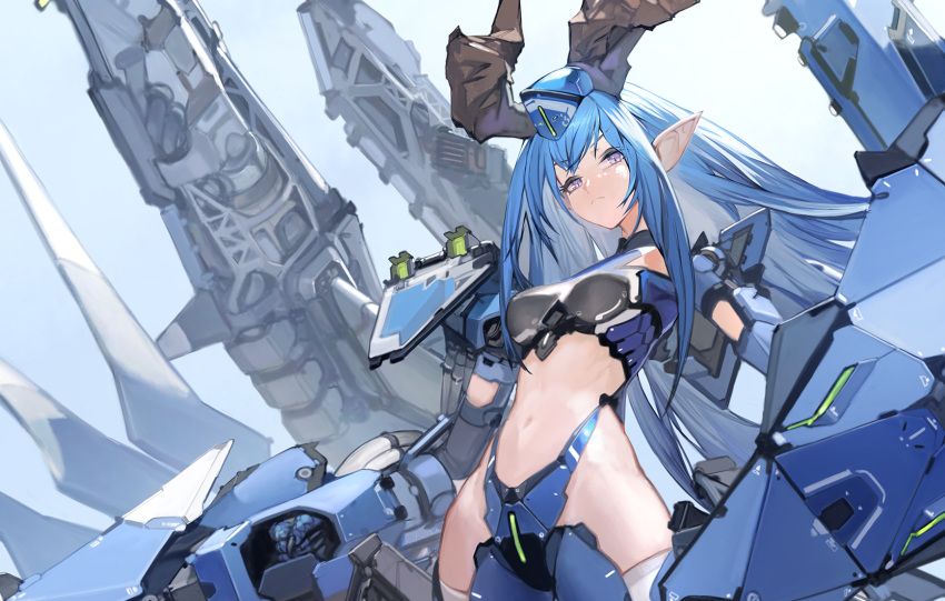 1girl armored_gloves blue_hair blue_headwear breasts crotch_plate highres horns long_hair long_pointy_ears mecha_musume navel original pointy_ears sidelocks small_breasts takayama_toshiaki