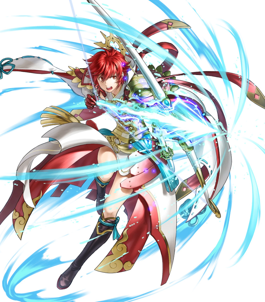 1girl arm_guards armor boots bow_(weapon) cape circlet fire_emblem fire_emblem_fates fire_emblem_heroes full_body gloves gold_trim highres hinoka_(fire_emblem) japanese_clothes jewelry katana kita_senri knee_boots long_sleeves non-web_source official_art pelvic_curtain red_eyes red_hair sheath sheathed short_hair solo sword transparent_background weapon