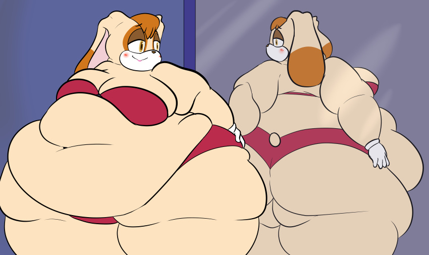 absurd_res anthro back_fat bedroom_eyes belly belly_overhang big_belly big_breasts big_butt bikini blush breasts brown_eyes brown_hair butt clothing fat_neck fat_rolls female flabby_arms flabby_butt flabby_legs fur gloves hair hand_on_butt handwear hi_res komakomaranger lagomorph lipstick looking_at_mirror looking_at_object looking_at_self makeup mammal mirror mirror_reflection narrowed_eyes obese obese_anthro obese_female overweight overweight_anthro overweight_female red_bikini red_clothing red_swimwear reflection seductive sega solo sonic_the_hedgehog_(series) swimwear tan_body tan_fur thick_thighs vanilla_the_rabbit white_clothing white_gloves white_handwear white_muzzle wide_hips