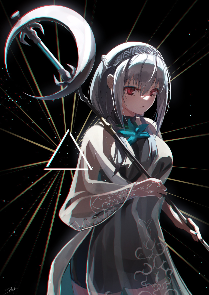 1girl absurdres black_background black_dress commentary dress hair_between_eyes hairband hakase_fuyuki highres holding holding_staff layered_dress long_hair looking_at_viewer low_twintails nijisanji parted_lips red_eyes see-through see-through_dress see-through_sleeves short_dress solo staff symbol-only_commentary twintails virtual_youtuber yukai_nao
