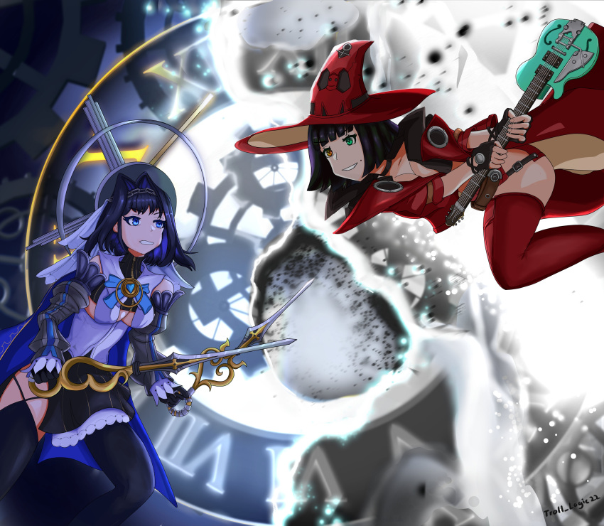 2girls absurdres black_gloves black_hair black_skirt blue_eyes blue_hair blue_ribbon breasts cape dual_wielding face-to-face fighting_stance gloves green_eyes guilty_gear guilty_gear_strive guitar hat headdress heterochromia highres holding holding_sword holding_weapon hololive hololive_english i-no instrument jacket leather leather_choker leather_gloves leather_jacket leather_shorts multiple_girls ouro_kronii red_leather ribbon sideboob skirt sword thighhighs trolllogicworks weapon witch witch_hat