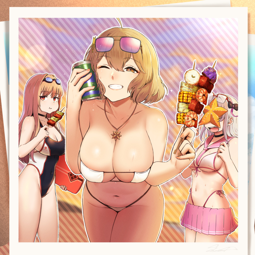 3girls ahoge anis_(nikke) anis_(sparkling_summer)_(nikke) aviator_sunglasses bare_shoulders bikini bikini_skirt black_bow black_choker black_one-piece_swimsuit bow breasts brown_eyes brown_hair can can_to_cheek choker cleavage cloud cloudy_sky collarbone commentary_request competition_swimsuit counters_(nikke) covered_navel cowboy_shot eating eyepatch_bikini eyewear_on_head front-tie_bikini_top front-tie_top glasses goddess_of_victory:_nikke goggles goggles_on_head grin groin hair_between_eyes hair_bow highleg highleg_bikini highleg_swimsuit highres holding holding_can holding_kickboard holding_skewer jacket jewelry kickboard large_breasts leaning_forward long_hair looking_at_viewer medium_breasts multiple_girls navel necklace neon_(blue_ocean)_(nikke) neon_(nikke) official_alternate_costume one-piece_swimsuit one_eye_closed open_mouth pink-tinted_eyewear pink_sailor_collar pink_skirt rapi_(classic_vacation)_(nikke) rapi_(nikke) red_eyes sailor_collar sawasa short_hair side-tie_bikini_bottom sidelocks skewer skirt sky smile soda_can standing star_(symbol) star_necklace starfish stomach sunglasses sunset swim_goggles swimsuit teeth tinted_eyewear two-tone_swimsuit white_bikini white_hair yellow_jacket