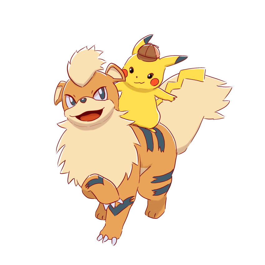 animal_focus black_eyes brown_headwear colored_skin commentary_request detective_pikachu growlithe hat highres mane no_humans orange_fur pikachu pokemon pokemon_(creature) simple_background tail white_background yellow_skin yu_(pocketsun636)