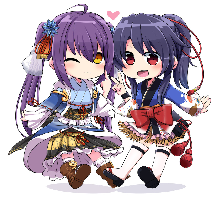 2girls :3 ahoge animal_print ankle_boots arm_at_side blue_hair blue_kimono boots finger_to_cheek fish_print frilled_skirt frilled_socks frills full_body hachisuka_kotetsu_(tenka_hyakken) hair_ornament heart highres japanese_clothes kimono lime_print long_skirt long_sleeves midair multiple_girls obi_bow one_eye_closed open_mouth orange-bird ponytail purple_eyes purple_hair shadow sidelocks skirt smile socks tassel teeth tenka_hyakken thighhighs twintails upper_teeth_only urashima_kotetsu_(tenka_hyakken) v veil white_background wide_sleeves yellow_eyes