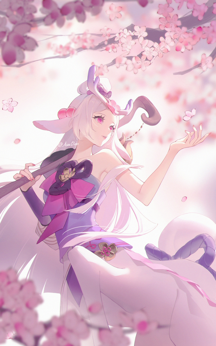 1girl absurdres animal_ears artist_name asami_okutoshioku branch cherry_blossoms chinese_commentary cowboy_shot falling_flower fingernails hair_ornament highres holding holding_wand league_of_legends lillia_(league_of_legends) long_hair looking_to_the_side nail_polish outdoors parted_bangs parted_lips pink_eyes pink_nails single_bare_shoulder solo spirit_blossom_(league_of_legends) spirit_blossom_lillia standing tree wand white_hair