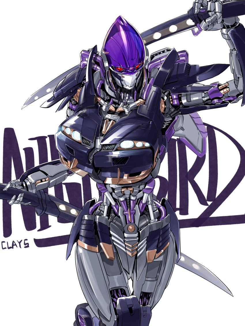 1girl absurdres artist_name character_name clays_(clayschan) dual_wielding highres holding holding_sword holding_weapon looking_at_viewer mecha nightbird_(transformers) nissan nissan_skyline nissan_skyline_gt-r nissan_skyline_r33 no_humans piston red_eyes robot science_fiction solo sword transformers transformers:_rise_of_the_beasts transformers_(live_action) weapon white_background
