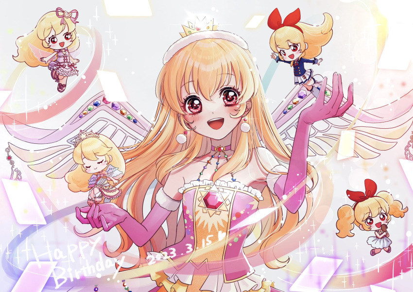 1girl :d aikatsu! aikatsu!_(series) bare_shoulders blonde_hair blue_jacket blush bow chibi chibi_inset closed_eyes crown dated dress earrings fake_wings gloves hair_bow hair_ribbon hairband happy_birthday highres hoshimiya_ichigo jacket jewelry long_hair machiko_(milk_maciko) mini_crown official_alternate_costume open_mouth pink_dress pink_gloves pleated_skirt red_eyes ribbon school_uniform skirt sleeveless sleeveless_dress smile solo starlight_academy_school_uniform tiara twintails white_skirt wings