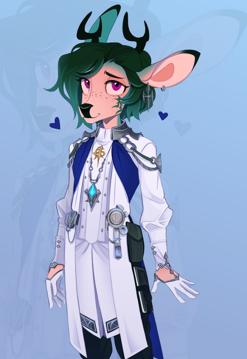 &lt;3 anthro antlers blue_background deer fantasy freckles fur green_hair hair half-closed_eyes heresvix hi_res horn male mammal narrowed_eyes new_world_deer royalty simple_background smile solo tan_body tan_fur white-tailed_deer