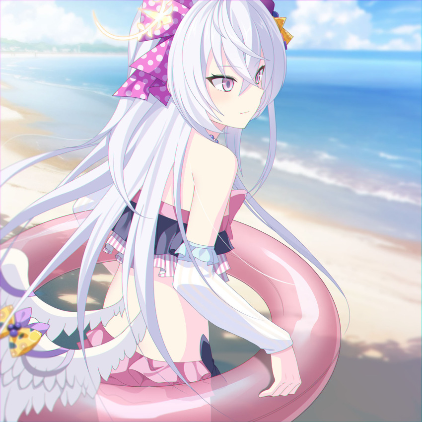 1girl angel_wings azusa_(blue_archive) azusa_(swimsuit)_(blue_archive) bare_back beach bead_necklace beads bikini blue_archive blue_sky blurry bow cloud cloudy_sky commentary_request depth_of_field detached_sleeves eko facing_away feathered_wings flower frilled_bikini frills hair_between_eyes hair_bow hair_flower hair_ornament hair_ribbon halo highres holding holding_innertube horizon innertube jewelry long_hair long_sleeves navel necklace ocean official_alternate_costume outdoors purple_eyes ribbon sidelocks sky solo stomach swimsuit twintails white_hair white_wings wings