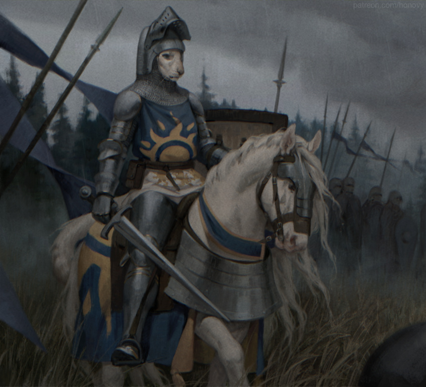 2023 ambiguous_gender anthro armor biped clothing couter detailed_background digital_media_(artwork) domestic_cat equid equine felid feline felis feral fur gauntlets gloves greaves group hair handwear headgear helmet hi_res holding_object holding_shield holding_sword holding_weapon honovy horse knight mammal melee_weapon open_visor outside pauldron polearm poleyn quadruped rerebrace riding sabatons saddle shield soldier spear sword tabard vambrace warrior weapon whiskers white_body white_fur white_hair