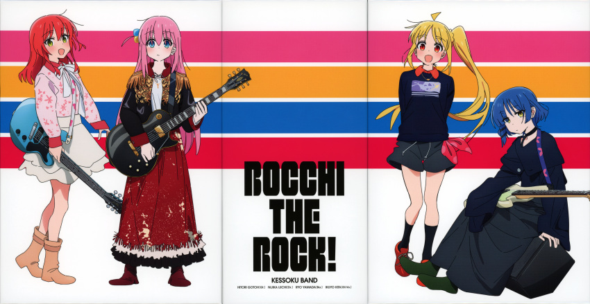 4girls absurdres ahoge arms_behind_back bass_guitar black_socks blonde_hair blue_eyes blue_hair bocchi_the_rock! boots bow brown_footwear color_halftone copyright_name cosplay crease cube_hair_ornament dress electric_guitar epaulettes gotou_hitori green_eyes guitar hair_ornament highres holding holding_instrument ijichi_nijika incredibly_absurdres instrument kerorira kita_ikuyo kita_ikuyo_(cosplay) lineup long_hair looking_at_viewer multiple_girls non-web_source official_art one_side_up pink_hair pleated_skirt red_dress red_eyes red_footwear red_hair scan short_hair side_ponytail sitting skirt smile socks standing white_footwear yamada_ryou yellow_eyes