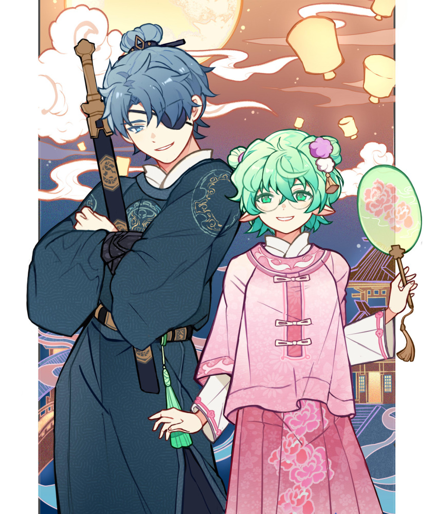 1boy 1girl blue_eyes blue_hair building commentary_request double_bun eyepatch full_moon green_eyes green_hair hair_bun hair_over_one_eye hand_fan highres holding hugging_object layered_sleeves mid-autumn_festival moon pandoria_(xenoblade) paper_fan parted_lips pink_shirt pink_skirt pleated_skirt sheath sheathed shirt skirt smile stephanieh81080 sword uchiwa weapon xenoblade_chronicles_(series) xenoblade_chronicles_2 zeke_von_genbu_(xenoblade)