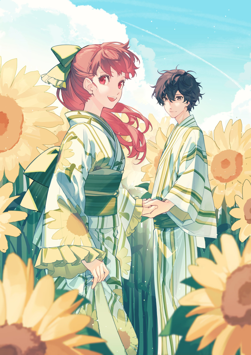 1boy 1girl absurdres alternate_costume amamiya_ren black_eyes black_hair blue_sky bow cloud commentary field floating_hair floral_print flower flower_field green_bow hair_between_eyes hair_bow highres holding_hands japanese_clothes kimono long_hair looking_at_viewer messy_hair obi outdoors persona persona_5 persona_5_the_royal ponytail print_kimono red_eyes red_hair sash sky smile sunflower symbol-only_commentary tsubsa_syaoin wide_sleeves yellow_flower yoshizawa_kasumi