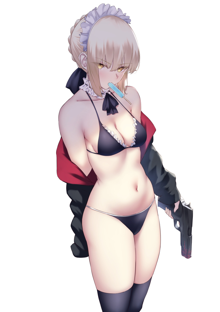 1girl absurdres arm_behind_back artoria_pendragon_(fate) bare_shoulders black_jacket black_thighhighs blonde_hair braid breasts choker cleavage eyes_visible_through_hair fate/grand_order fate_(series) food food_in_mouth frilled_choker frills gun highres holding holding_gun holding_weapon jacket long_sleeves looking_at_viewer medium_breasts mouth_hold navel off_shoulder okuma707 popsicle saber_alter short_hair simple_background solo standing stomach thighhighs weapon white_background yellow_eyes