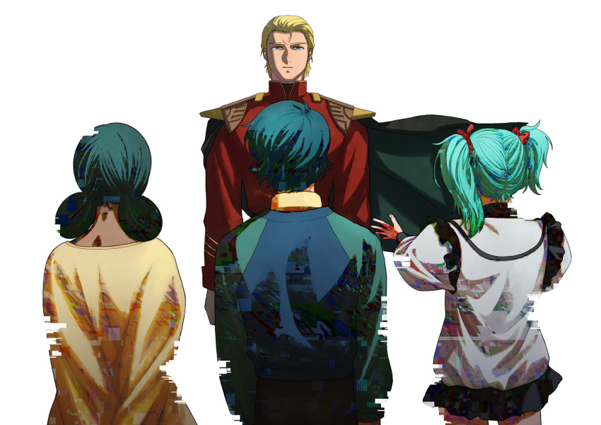 2boys 2girls arms_at_sides arms_behind_back black_cape black_pants black_skirt blonde_hair blood blood_on_hands blue_eyes bow cape char's_counterattack char_aznable closed_mouth commentary_request digital_dissolve double_bun dress facing_away floating_cape green_hair green_sweater gundam hair_bow hair_bun highres jacket kamille_bidan kogetoriten_999 lalah_sune long_sleeves military_jacket mobile_suit_gundam multiple_boys multiple_girls outstretched_arms pants pleated_skirt quess_paraya raglan_sleeves red_bow red_jacket short_hair simple_background skirt spoilers sweater twintails white_background white_jacket yellow_dress zeta_gundam