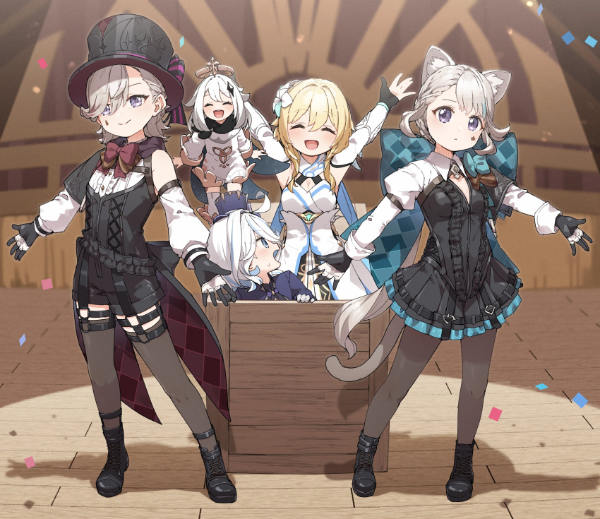 1boy 4girls :d absurdres ahoge animal_ear_fluff animal_ears arms_up black_pantyhose black_shorts black_thighhighs blonde_hair blue_eyes blurry box braid cat_ears cat_girl cat_tail depth_of_field detached_collar detached_sleeves dress drop-shaped_pupils facial_tattoo feather_hair_ornament feathers floating flower furina_(genshin_impact) genshin_impact grey_hair hair_between_eyes hair_flower hair_ornament hair_over_one_eye halo hat highres in_box in_container indoors long_hair long_sleeves looking_at_another lumine_(genshin_impact) lynette_(genshin_impact) lyney_(genshin_impact) magic_trick mechanical_halo medium_hair multicolored_hair multiple_girls paimon_(genshin_impact) pantyhose purple_eyes short_hair short_shorts shorts single_braid smile star_tattoo streaked_hair sweatdrop symbol-shaped_pupils tail tattoo thigh_strap thighhighs top_hat translation_request two-tone_hair white_dress white_hair wooden_box yukie_(kusaka_shi)